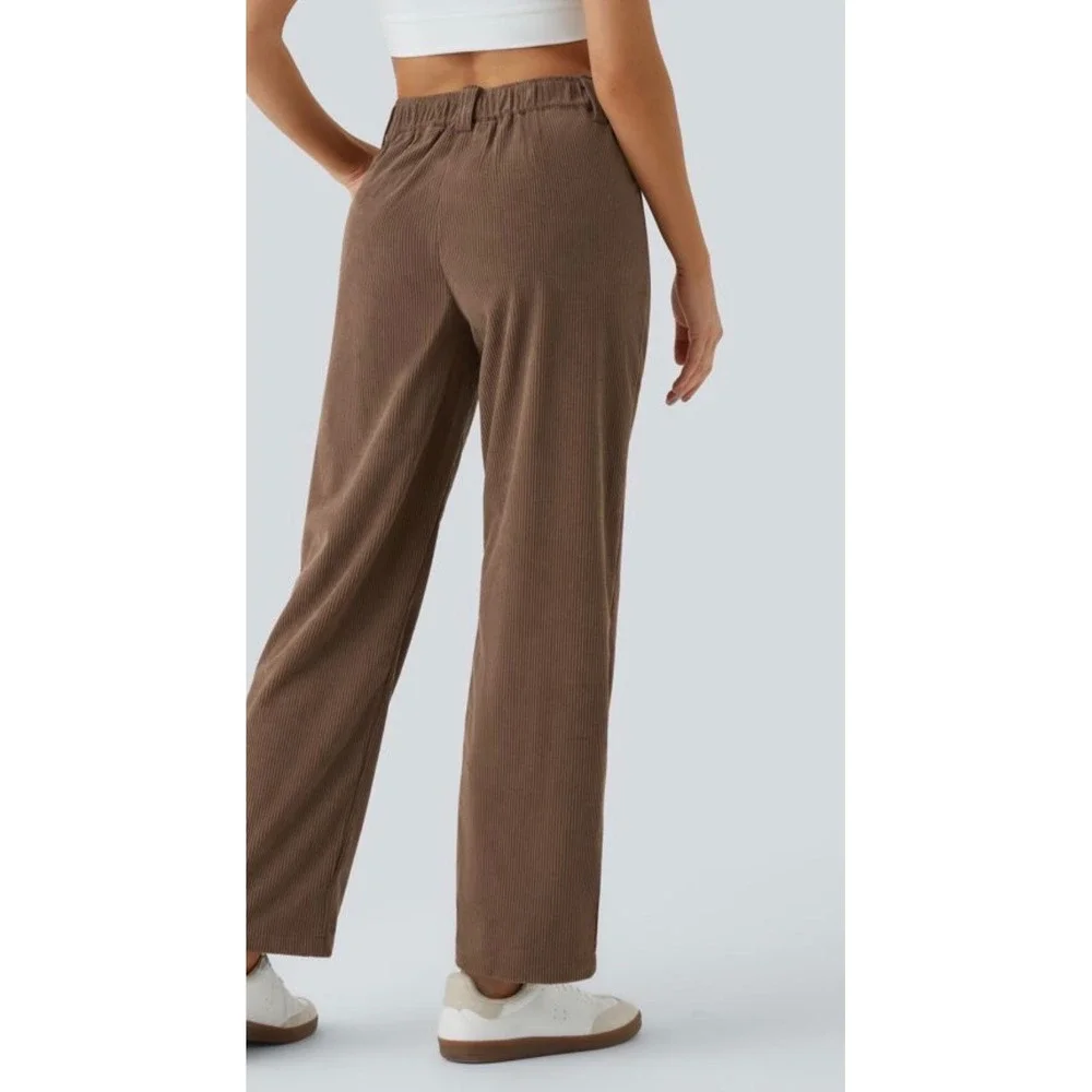 Halara Acorn Brown Corduroy High Waisted Straight Leg Pleated Pants Womens XL - Picture 3 of 5